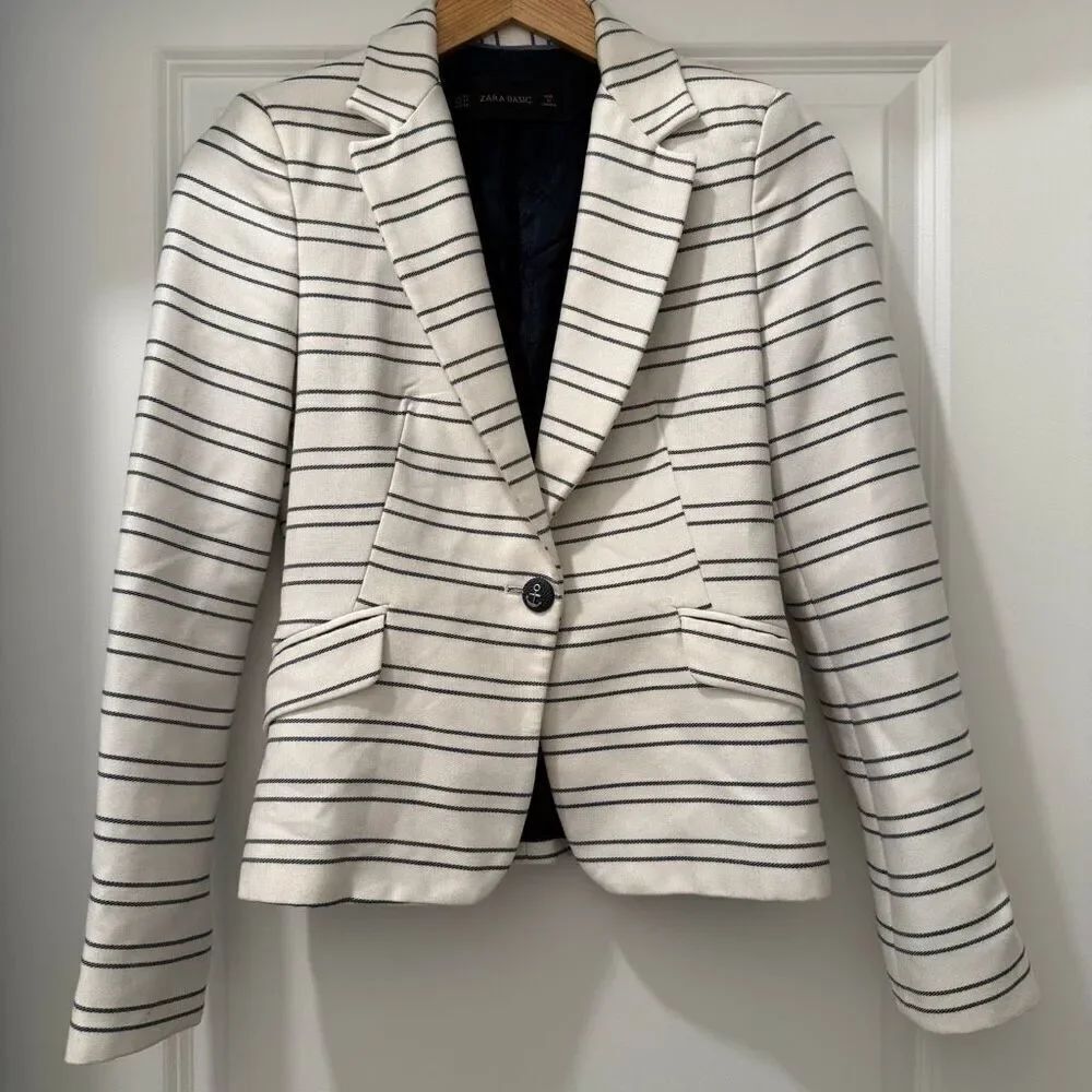 Zara Nautical Striped Blazer Size XS White and Navy Blue Anchor buttons